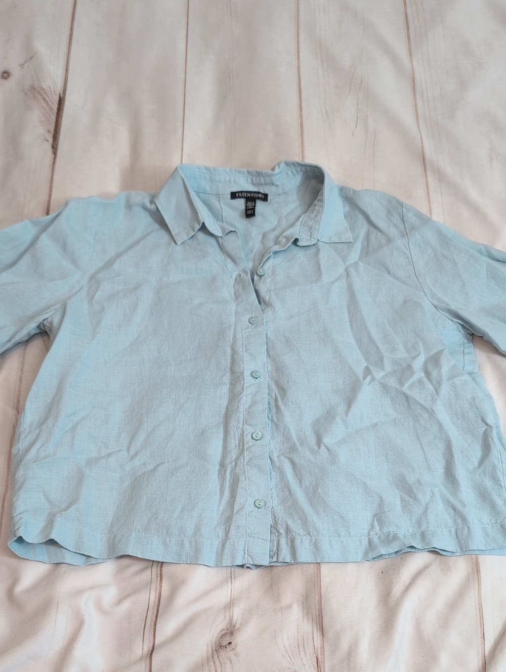 Eileen Fisher 100% Linen Button Down Shirt Womens Small Light Blue Relaxed